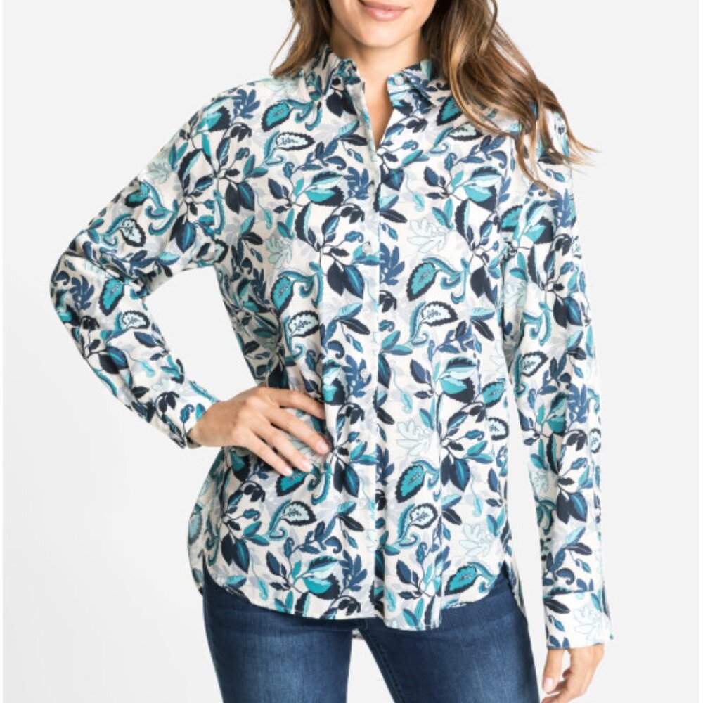 Olsen Blue White Paisley Button Up Blouse L